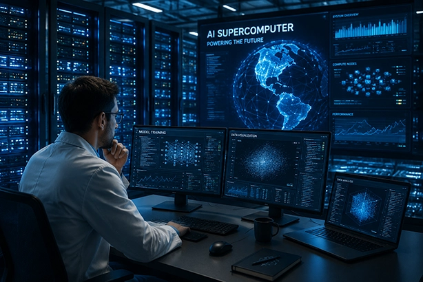 Onderzoeker werkt met een AI-supercomputer en digitale gegevensvisualisaties in een moderne serveromgeving