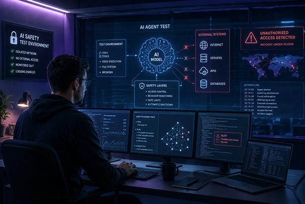 Onderzoeker bewaakt een AI-testomgeving met beveiligingslagen en controle van externe systemen