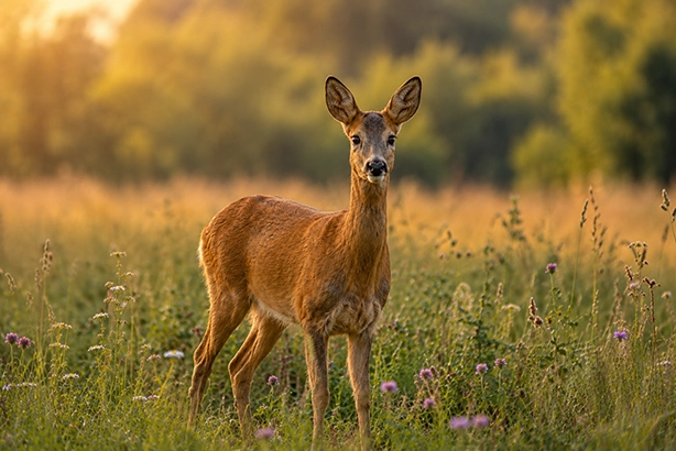 Ree in een bloemrijke Nederlandse weide bij warm ochtendlicht
