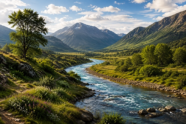 Alpenvallei met een kronkelende rivier tussen bergen en groen landschap