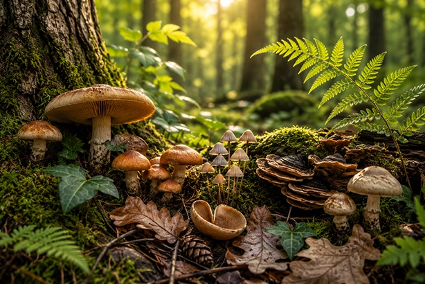 Paddenstoelen tussen mos, bladeren en varens op de bosbodem