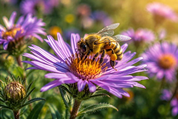 Bij die nectar verzamelt op een paarse bloem in natuurlijk zonlicht