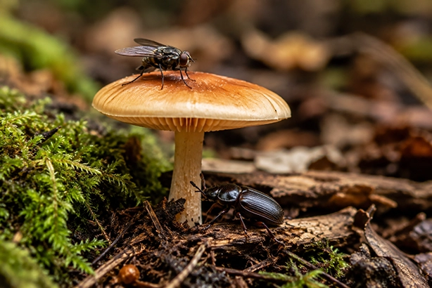 Vlieg op een paddenstoel en kever op dood hout in een mossige bosomgeving