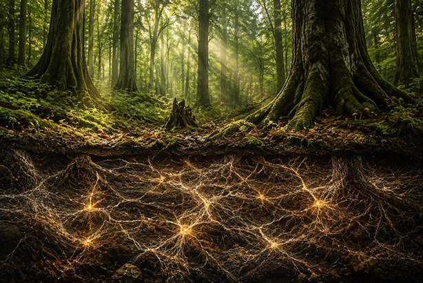 Oud bos met een uitgebreid netwerk van mycelium en schimmeldraden onder de bosbodem