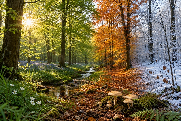 Nederlands boslandschap dat verandert van lente en zomer naar herfst en winter, met paddenstoelen op de bosbodem