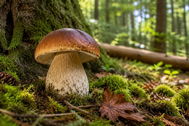 Eekhoorntjesbrood tussen mos en bladeren op de bosbodem