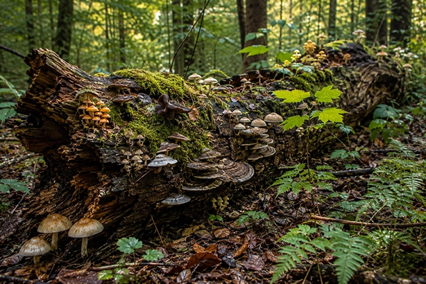 Verschillende paddenstoelen groeien op een met mos bedekte omgevallen boomstam in het bos
