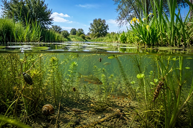 Leven onder en boven het wateroppervlak met vissen, waterplanten en kleine waterdieren