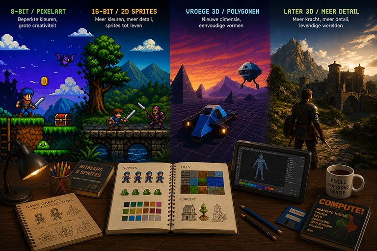 Evolutie van videogamegraphics van 8-bit pixelart en 16-bit sprites naar vroege en moderne 3D, met schetsen en gamedevelopment op een retro-werkplek