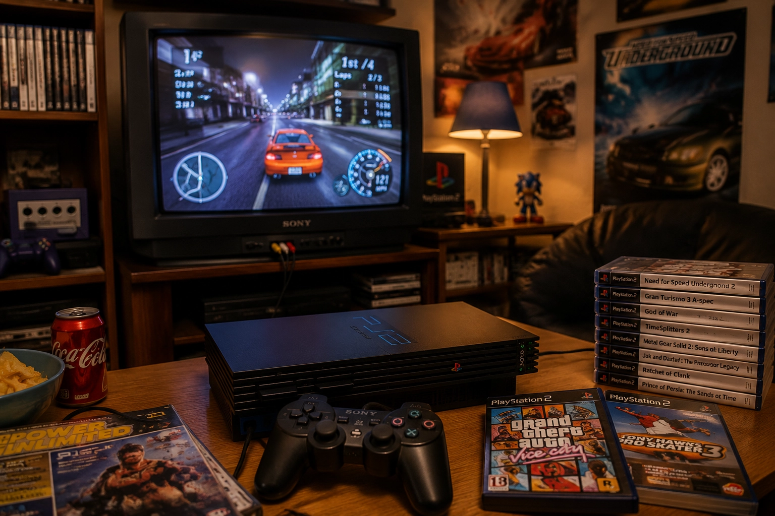 Retro spelconsole met controller en klassieke games op een televisiescherm