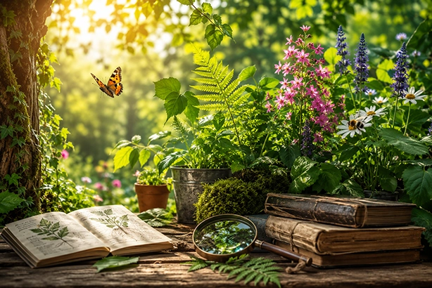 Planten en bloemen in een natuurlijke omgeving met botanisch boek en vergrootglas