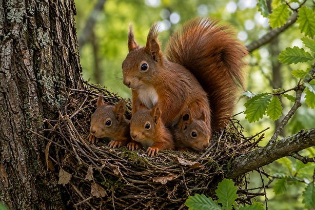 Volwassen eekhoorn met jonge eekhoorns bij een nest in een Nederlandse boom