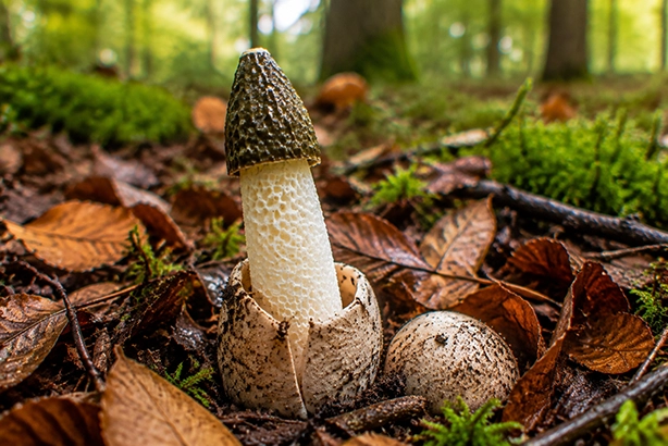 Bijzondere stinkzwam met donkere hoed tussen mos en herfstbladeren op de bosbodem