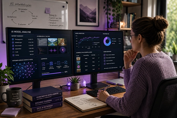 Vrouw analyseert AI-model met datasets, patronen en prestatiegegevens op meerdere computerschermen