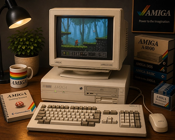 Commodore Amiga 4000 met CRT-monitor, toetsenbord en muis op een nostalgische retro-werkplek