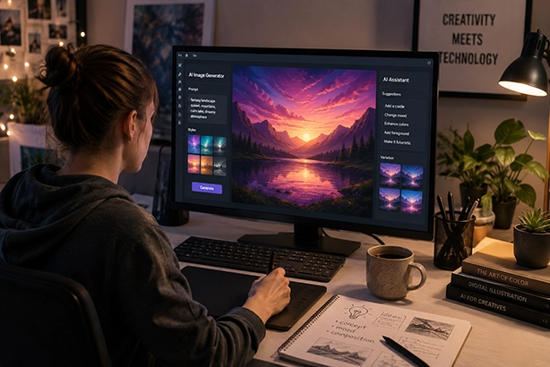 Digitale kunstenaar gebruikt een stylus en AI-tools om creatieve ideeën en illustraties te ontwikkelen