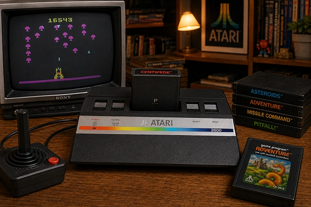 Atari 2600 met geplaatste Centipede-cartridge, klassieke joystick en cartridges naast een CRT-televisie in een nostalgische retro-gamingomgeving.