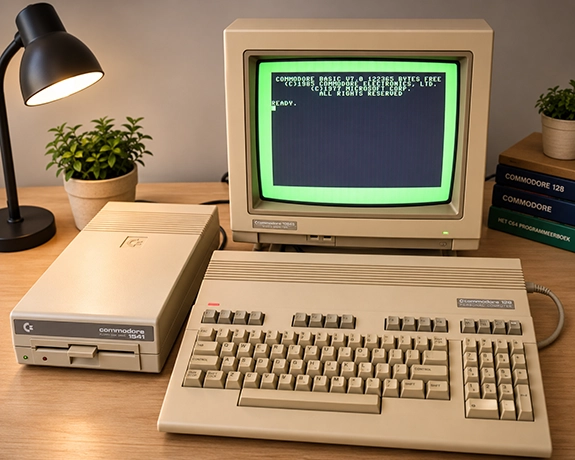 Commodore 128 met 1541 floppy drive en Commodore BASIC V7.0 op een retrocomputerbureau