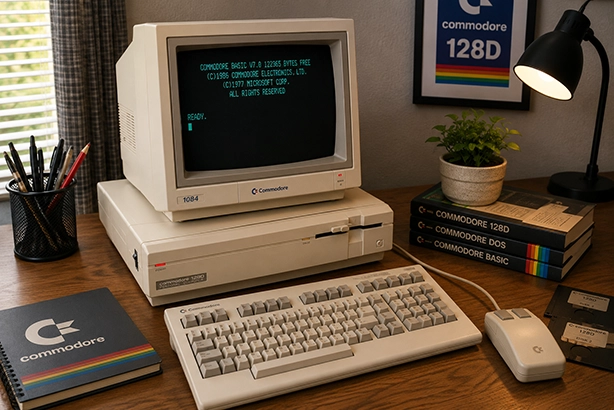 Commodore 128D met CRT-monitor, toetsenbord en muis in een sfeervolle retrocomputerwerkplek