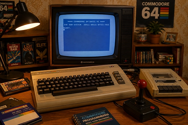 Commodore 64 uit de jaren tachtig met joystick, cassettebandjes en diskettes op een bureau