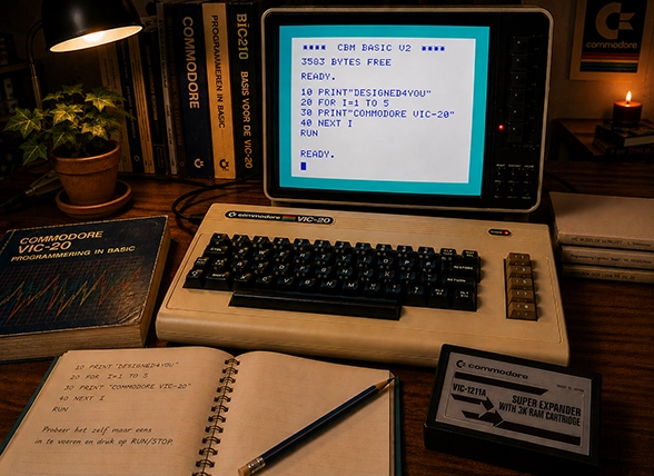Commodore VIC-20 met BASIC-programma op een CRT-monitor tijdens het programmeren
