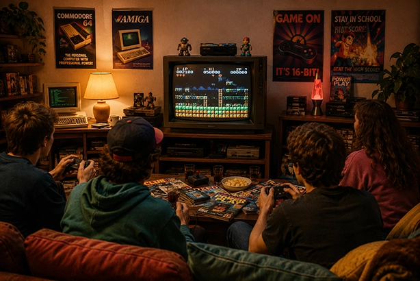 Vrienden spelen samen retro games in een jaren 80 woonkamer met een klassieke CRT-televisie en spelcomputers