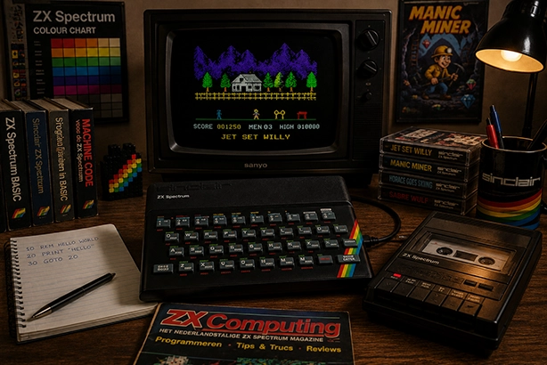 ZX Spectrum thuiscomputer uit de jaren tachtig met CRT-televisie en programmeerboeken