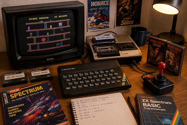 Sinclair ZX Spectrum 48K op een nostalgische retro-werkplek met CRT-monitor, cassettebandjes, joystick en computertijdschriften