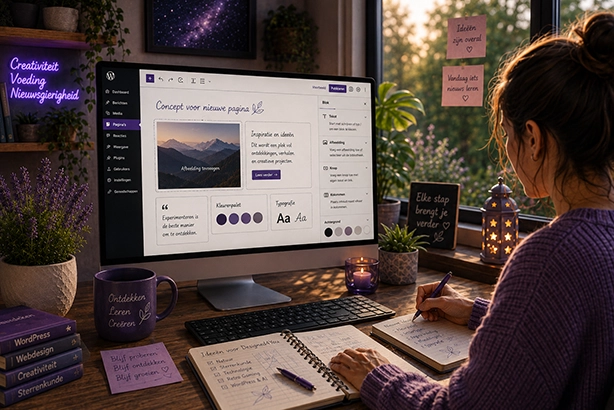 Vrouw werkt aan een nieuw WordPress-ontwerp in een creatieve werkplek