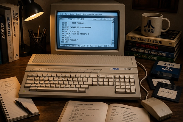 Atari 520ST met CRT-monitor waarop BASIC-programmacode wordt weergegeven, omringd door diskettes en programmeerboeken op een nostalgische retrocomputerwerkplek