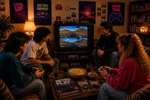 Vier vrienden tijdens een gezellige retro gameavond met een klassieke CRT-televisie waarop een racespel wordt gespeeld.