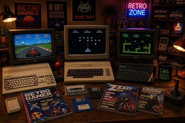 Klassieke computers en retro games met Amiga, Commodore 64 en ZX Spectrum naast CRT-schermen