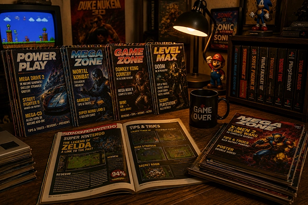 Verzameling retro gamingtijdschriften uit de jaren 90 naast een klassieke spelcomputer en CRT-televisie