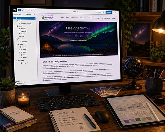 Creatieve werkplek met WordPress-website, ontwerpideeën en sterrenkundige details