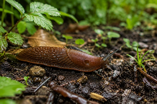 Naaktslak op de vochtige bosbodem tussen bladeren en planten
