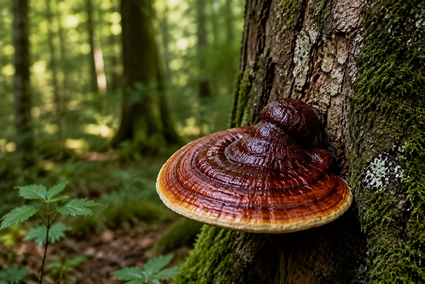 Reishi-achtige paddenstoel op een met mos bedekte boomstam in een natuurlijk bos