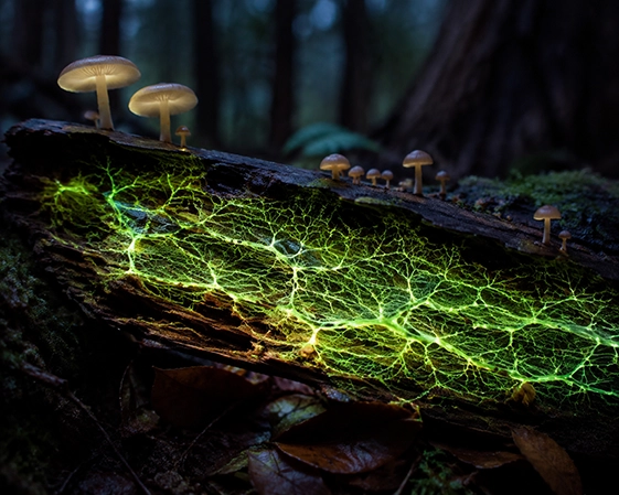 Lichtgevend mycelium in een oude boomstam met paddenstoelen in een donker bos