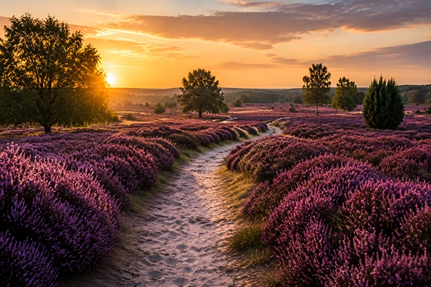 Paarse Nederlandse heide met een zandpad tijdens een warme zonsondergang