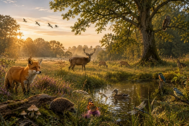 Verschillende wilde dieren in een natuurlijk landschap tijdens het warme ochtendlicht