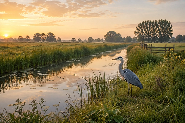 Blauwe reiger langs een rustige Nederlandse sloot bij warm ochtendlicht