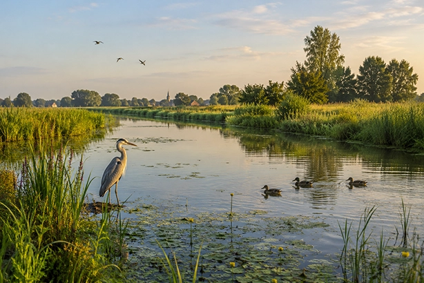 Nederlandse waternatuur met een reiger, wilde eenden en vogels langs een rustige rivier