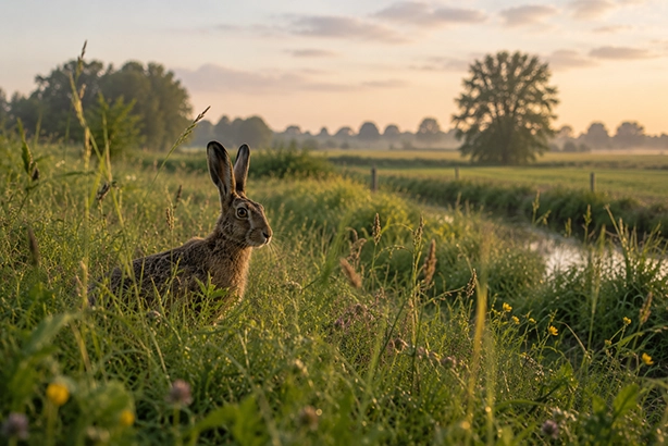 Haas tussen het hoge gras langs een Nederlandse waterkant bij warm ochtendlicht