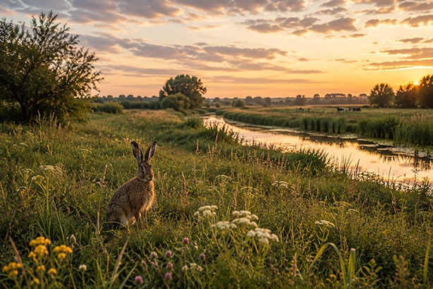 Haas in een bloemrijk Nederlands landschap langs een rustige waterkant bij zonsondergang