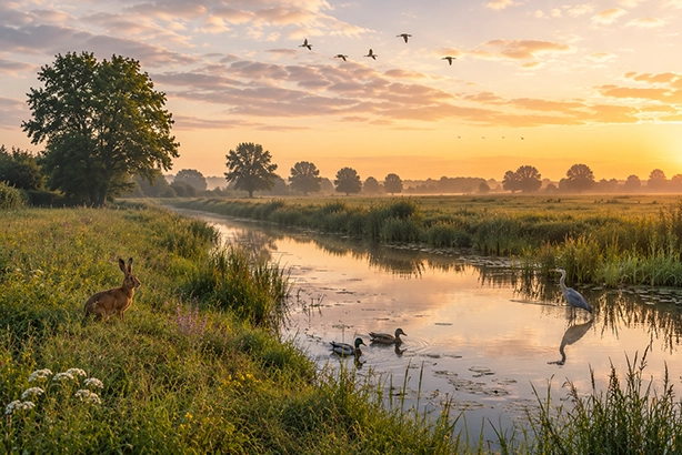 Haas, reiger en eenden bij een Nederlandse waterkant met vogels in de lucht bij zonsopkomst