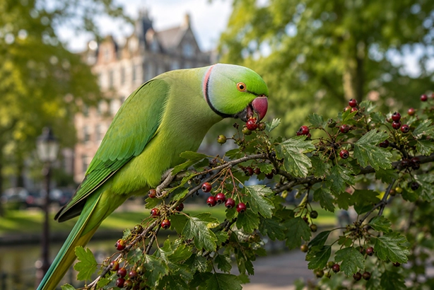 Halsbandparkiet eet een rode bes in een groen stadspark