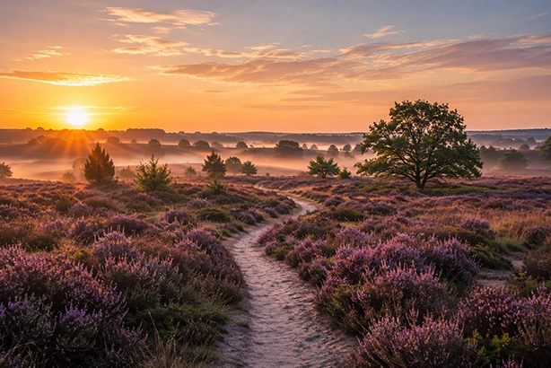 Heidelandschap in de vroege ochtend met zacht licht over het natuurlijke landschap