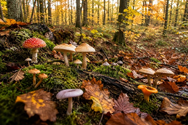 Paddenstoelen tussen mos, bladeren en dood hout in een herfstbos