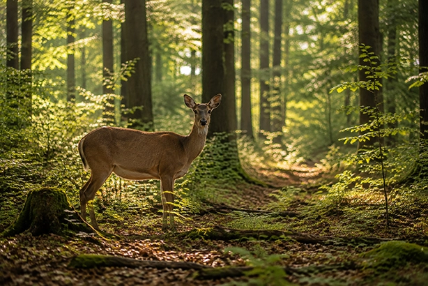 Volwassen hert tussen de bomen in een rustig Nederlands bos met zacht zonlicht