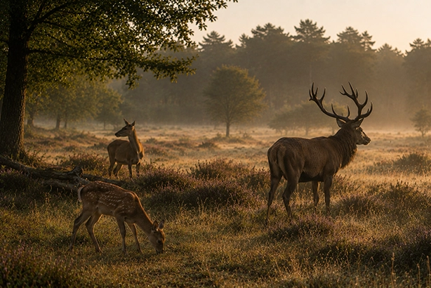 Edelhert met hinde en jong hert in een mistig natuurgebied bij ochtendlicht
