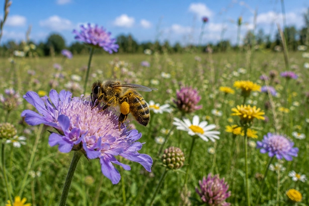 Bij verzamelt stuifmeel op een bloem in de Nederlandse natuur